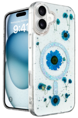 Newface iPhone 16 Kılıf Daisy Simli Magsafe Kapak - Mavi resmi