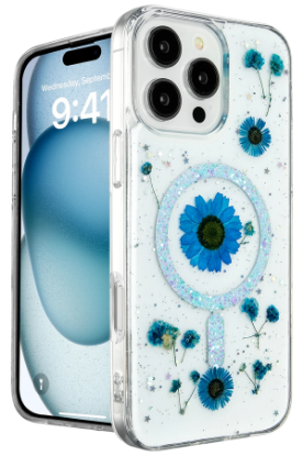 Newface iPhone 16 Pro Max Kılıf Daisy Simli Magsafe Kapak - Mavi resmi