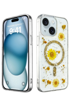 Newface iPhone 14 Kılıf Daisy Simli Magsafe Kapak - Gold resmi
