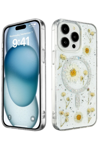 Newface iPhone 14 Pro Max Kılıf Daisy Simli Magsafe Kapak - Gümüş resmi