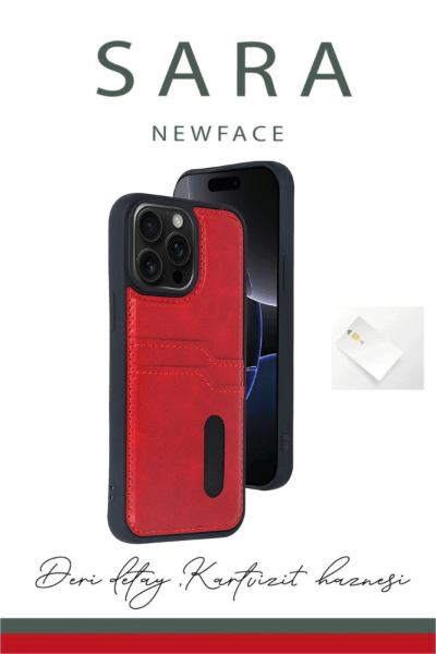 Newface iPhone 16 Kılıf Sara Kartvizitli Deri Kılıf - Kırmızı resmi