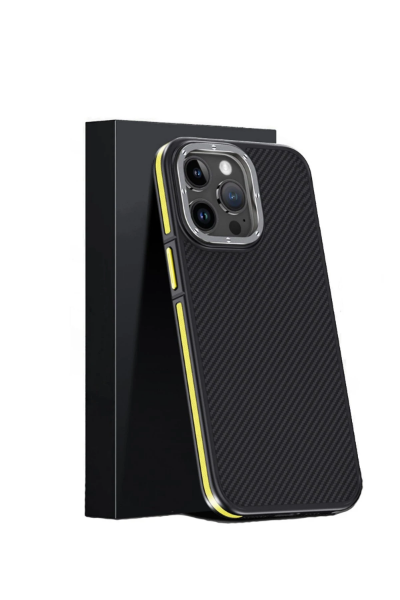 Joko iPhone 15 Pro Kılıf Aramid 600D Kevlar Karbon Fiber Magsafe Kapak - Sarı resmi